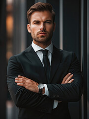 Wall Mural - A handsome man in a suit, with his arms crossed and looking at the camera