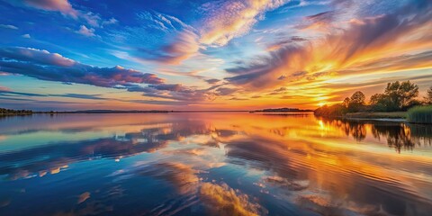 Wall Mural - serene sunset landscape with calm waters reflecting the colorful sky, sunset, landscape, peaceful, s