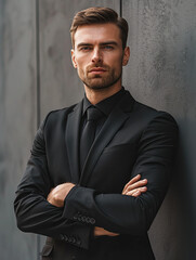 Wall Mural - A handsome man in a suit, with his arms crossed and looking at the camera