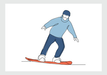 Wall Mural - Continuous single line sketch drawing of man snowboarder ride speed at mountain. One line art of extreme sport winter snowboard vector illustration