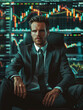 © 沈军 贡 - A business man sits in a chair with a trading screen in the background
