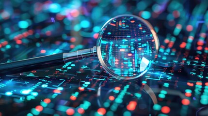 Data analysis concept with magnifying glass, digital data search, binary code investigation, information technology, cybersecurity research, virtual data inspection, digital forensic analysis
