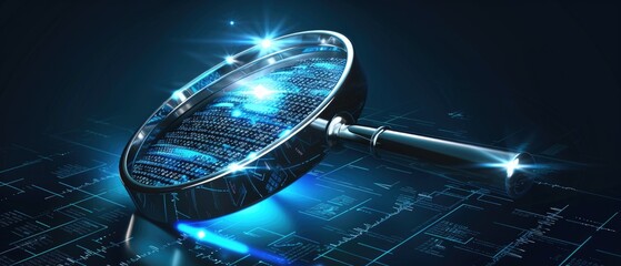 Data analysis concept with magnifying glass, digital data search, binary code investigation, information technology, cybersecurity research, virtual data inspection, digital forensic analysis