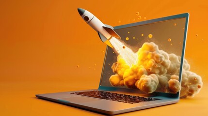 Rocket coming out of laptop screen, orange background