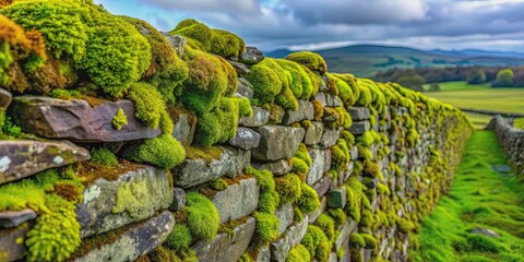 Stone wall covered in vibrant green mosses and lichens, stone, wall, moss, lichen, green, vibrant, natural, texture, background