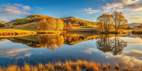 Wall Mural - reflection of golden light on land in small lake at kelly hall tarn, lake district, uk, mirror, refl