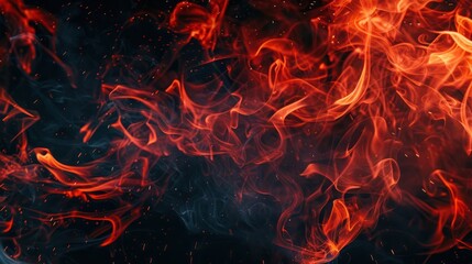 Fototapete - Fire flames on black background. Fire fiery background, red flames, sparks and waving white smoke on black background. Flaming effect with burning fire.