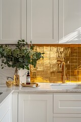 white modern kitchen with golden marble countertop and sink