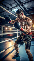 Strong boxer practicing hooks win corner