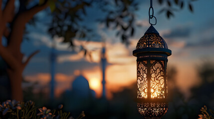 A  glowing lantern  against  the  backdrop  of a  sunset  and a  mosque