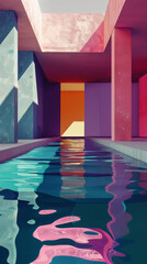 Wall Mural - A long, narrow pool with turquoise water reflects the bright colors of the surrounding walls and ceiling in a modern architectural space, background