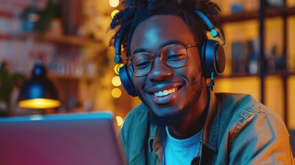 Wall Mural - Tech-Savvy Businessman: African American Millennial Smiling While Watching Webinar and Holding Video Call with Partners