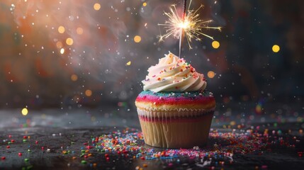Fototapete - Rainbow Birthday cupcake with a sparkler and colourful sprinkles over a dark background. A magical Birthday celebration.