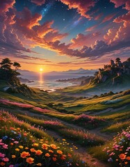 Poster - A beautiful sunrise or sunset over flowering fields. 