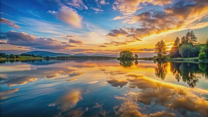 Wall Mural - beautiful sunset reflection on a serene lake with scenic landscape, sunset, reflection, lake, serene