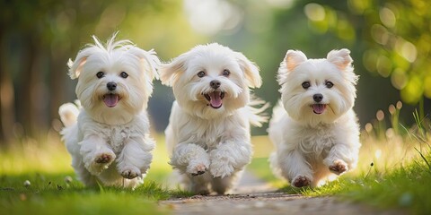 Three adorable Maltese dogs joyfully running towards their owner, Maltese, dogs, cute, running, happy, joy