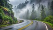 © Udomner - Mountain wet asphalt road curve at fog rainy day, mountain, wet, asphalt, road, curve, fog, rainy, day, weather, mist