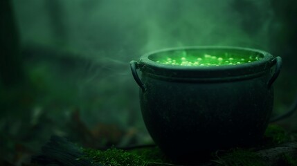 witch's cauldron bubbling with green potion in a dark forest setting, copy space