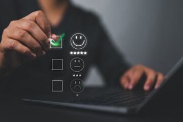 Poster - Customer satisfaction feedback survey concept. User give rating to service experience on online application. Client review, Smile face, Digital marketing research, Happy experience, Quality opinion.