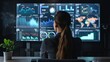 © hisilly - Businesswoman Analyzing Big Data on Large Screen with Charts, Graphs, and Neural Data in Monitoring Room