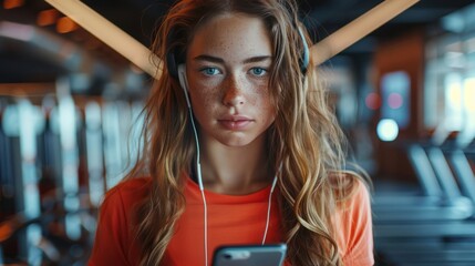 Wall Mural - Fit and Fabulous: Young Athlete Energizes with Music on Smartphone After Gym Workout