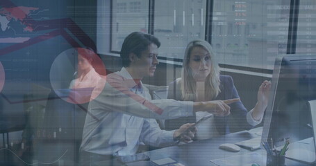 Poster - Image of financial data processing over diverse business people in office
