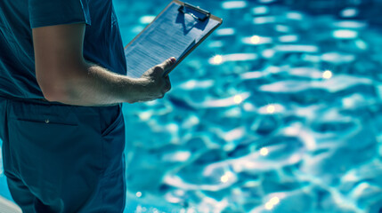 A maintenance worker in a blue uniform checks a clipboard while standing beside a swimming pool, copy space