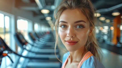 Wall Mural - Fitness woman running on treadmill at gym.