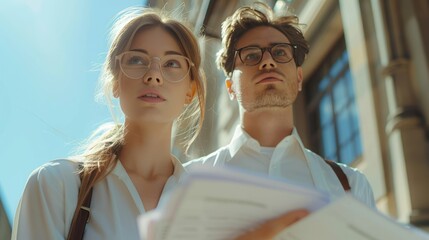 Wall Mural - Analyzing Customer Groups for Business Growth: Young Businesswoman and Handsome Businessman with Braces Holding Paper Documents Together