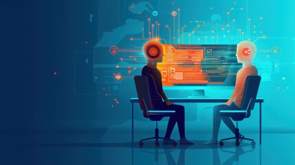 Poster - two users communicating via ai-powered translation device, real-time text displayed on the screen, c