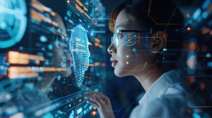 Poster - two users communicating via ai-powered translation device, real-time text displayed on the screen, c