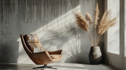 Poster - Minimalist interior with leather chair pampas grass vase and concrete wall