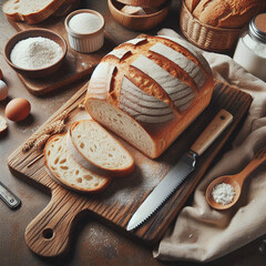 Sticker - A rustic artisan bread, sliced and displayed on a wooden board