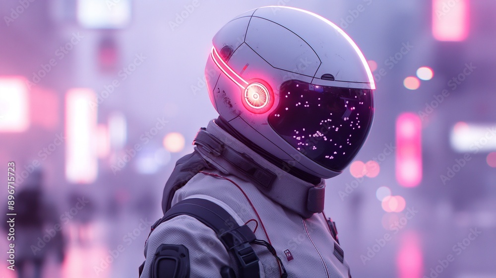 A robot in white armor, wearing an advanced helmet with glowing red ...