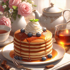 Sticker - A stack of pancakes, topped with cream and syrup, sits beside a pitcher