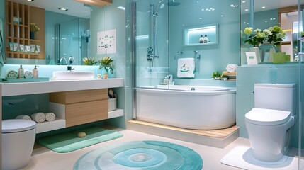 Bright modern bathroom with a clean, fresh design. Features a bathtub, toilet, sink, shower, and contemporary decor in soothing pastel colors.