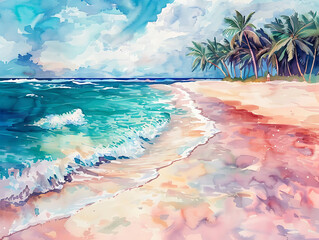 Wall Mural - watercolor painting of a vibrant tropical beach featuring palm trees, turquoise water, and a serene,