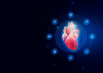 Human heart isolated on technological background with medicine icons. 3D. Concept of modern technology in cardiology