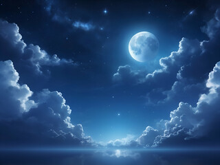 abstract glowing peaceful background, blue night sky with moon, stars, beautiful clouds