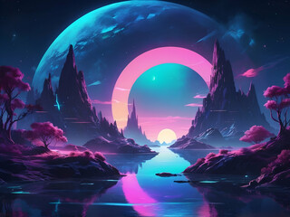 Wall Mural - abstract glowing Futuristic fantasy night landscape and island moonlight, radiance, moon, neon Dark natural scene with light reflection in water