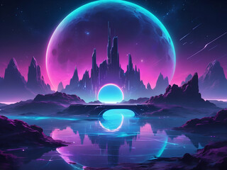 Wall Mural - abstract glowing Futuristic fantasy night landscape and island moonlight, radiance, moon, neon natural scene light reflection in water