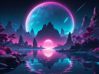Wall Mural - abstract glowing Futuristic fantasy night landscape and island moonlight, radiance, moon, neon Dark natural scene light reflection in water