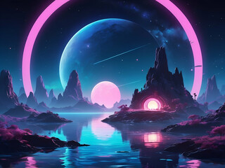 Wall Mural - abstract glowing Futuristic fantasy night landscape island moonlight, radiance, moon, neon natural scene light reflection in water