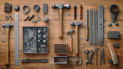 Assorted hand tools neatly arranged on rustic wooden surface