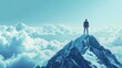 © panadda - Successful businessman, a man in a suit, stands at the summit of the mountain, Panoramic view on mountains hills Successfully achieving your goal. Success Business Leadership, Winner on top.