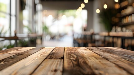 Canvas Print - Abstract blurred background of a restaurant with an empty wooden table for product display or montage