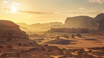 Wall Mural - Desert Landscape with Building at Sunset