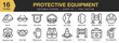 © spacepixel - Protective Equipment icon set. Editable Stroke Icon Collection. Includes barrier, dust mask, elbow pads, safety harness, helmet, and More. Outline icons vector collection.
