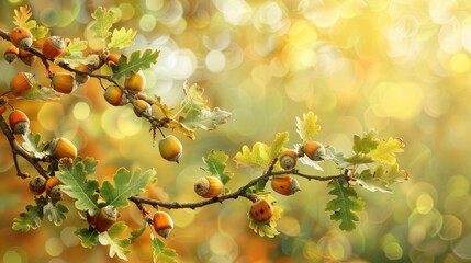 Poster - Oak branch with acorns on bright backdrop