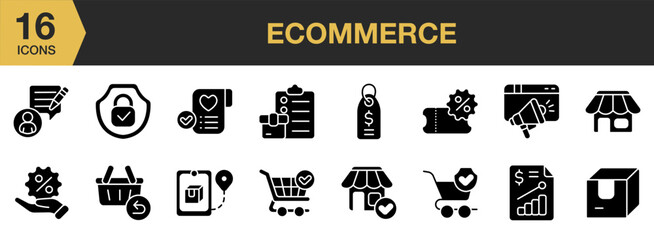 Wall Mural - E-commerce Glyph icon set. Includes buyer protection, checkout, discount, product listing, and More. Solid icons vector collection.